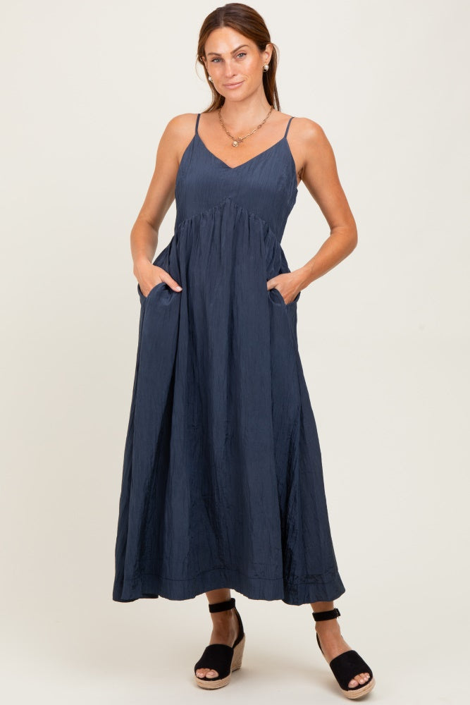 Navy Crinkle Texture V-Neck Sleeveless Dress