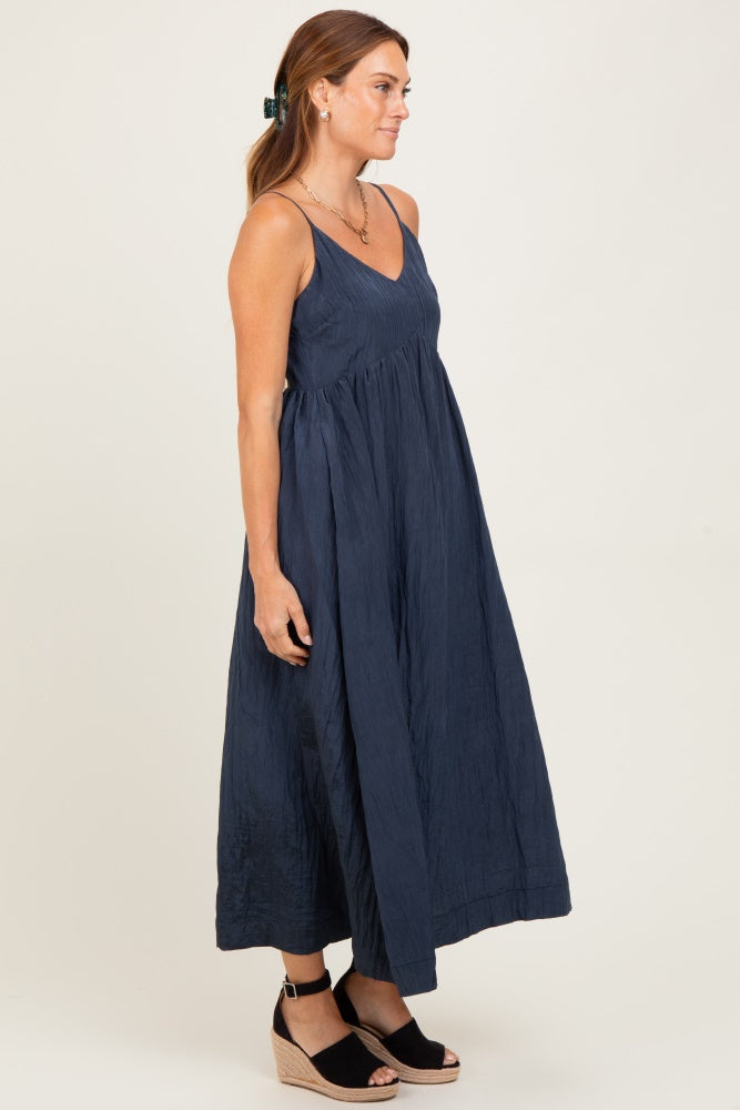 Navy Crinkle Texture V-Neck Sleeveless Dress