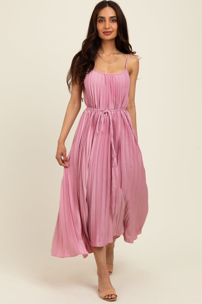Pink Pleated Sash Tie Midi Dress