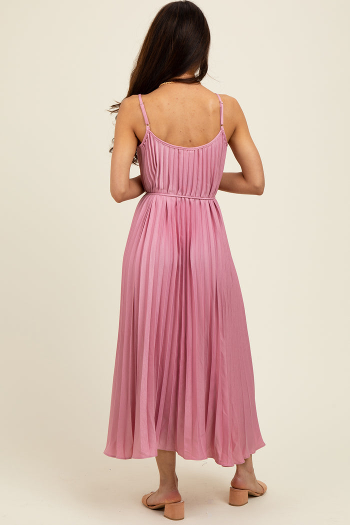 Pink Pleated Sash Tie Midi Dress