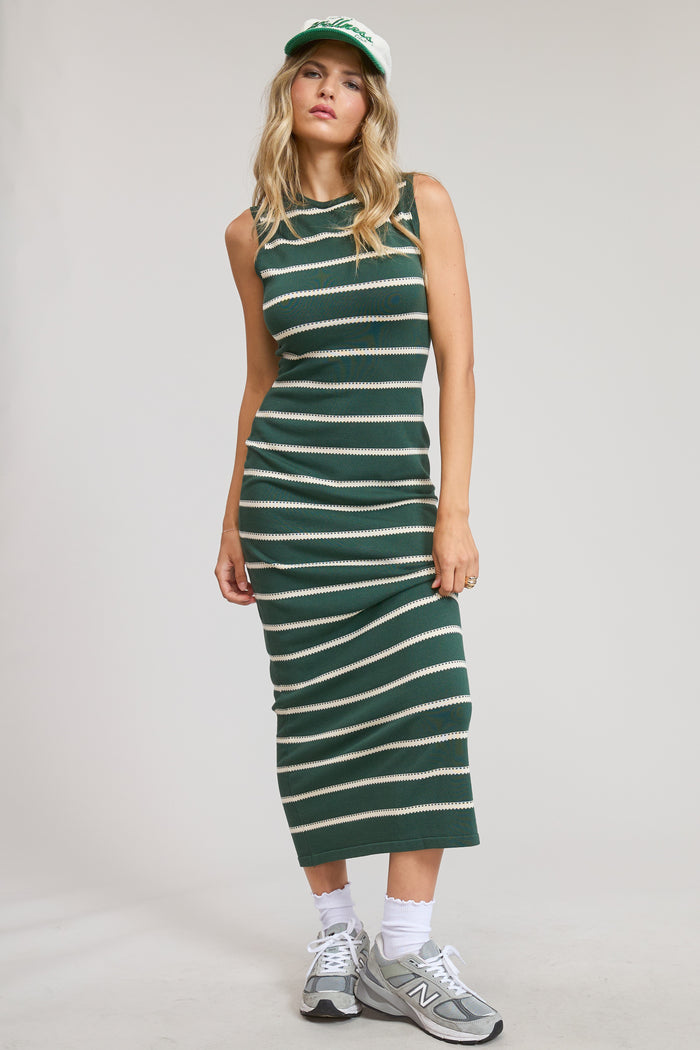 Forest Green Striped Sleeveless Knit Midi Dress