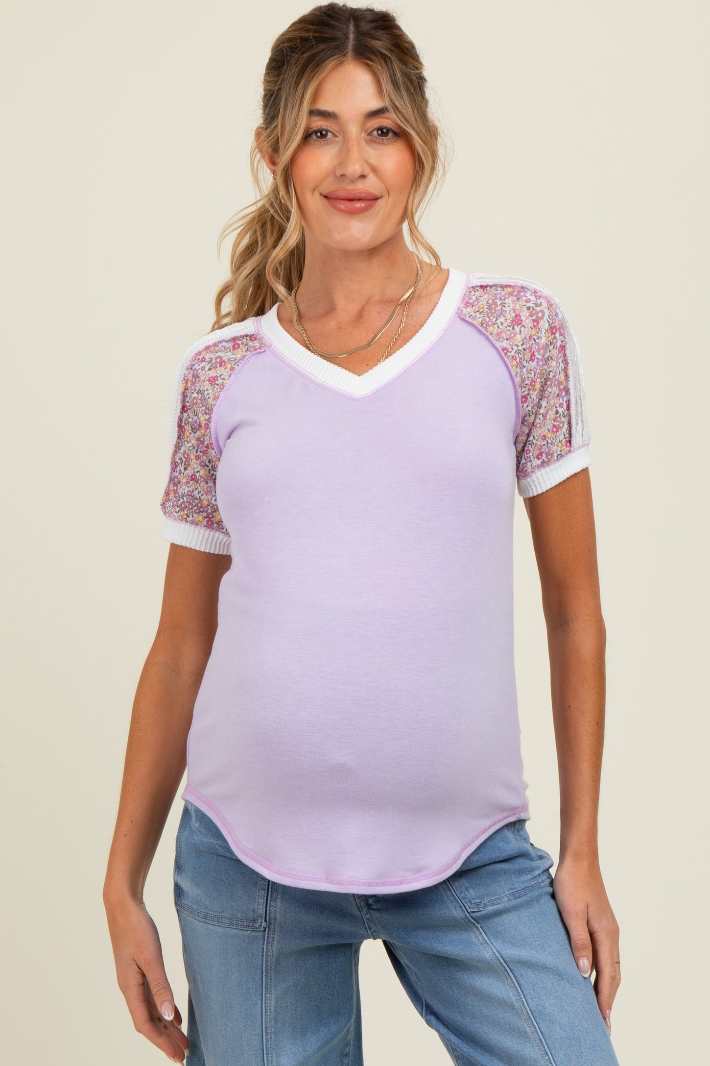 Lilac Floral Contrast Short Sleeve Maternity Top