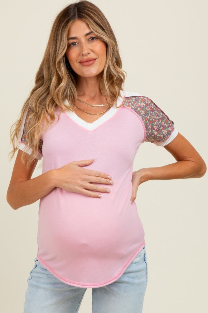 Pink Floral Contrast Short Sleeve Maternity Top
