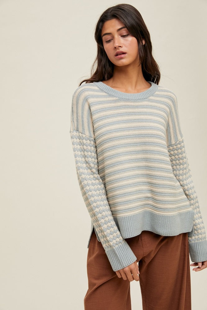Light Olive Striped Dot Contrast Knit Sweater