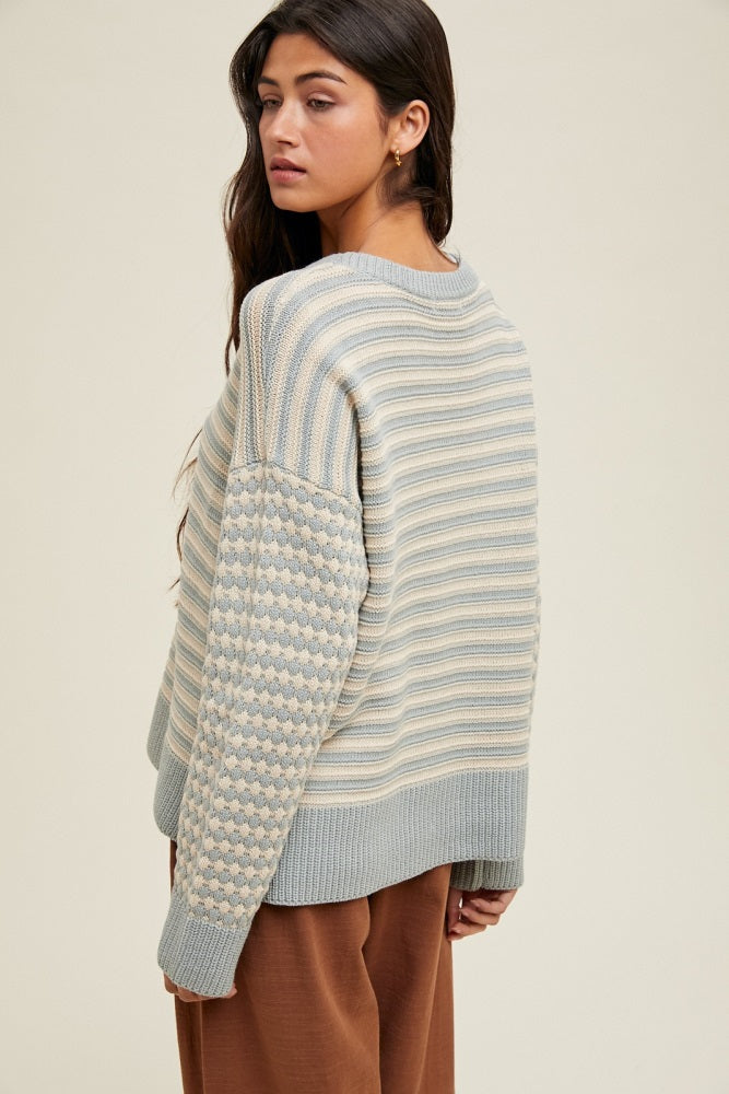 Light Olive Striped Dot Contrast Knit Sweater
