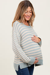 Light Olive Striped Dot Contrast Knit Maternity Sweater