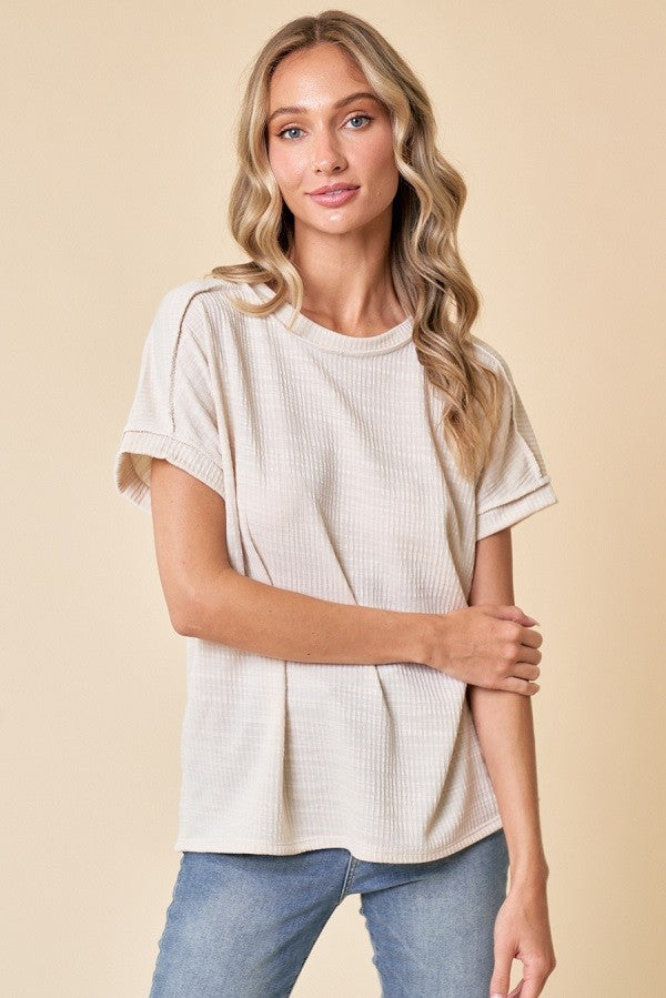 Ivory Ribbed Exposed Seam Short Sleeve Top
