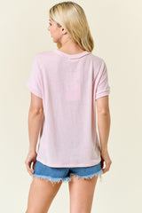 Pink Ribbed Exposed Seam Short Sleeve Top