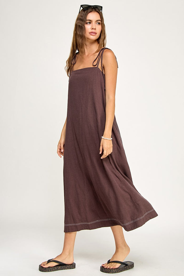 Brown Shoulder Tie Midi Dress