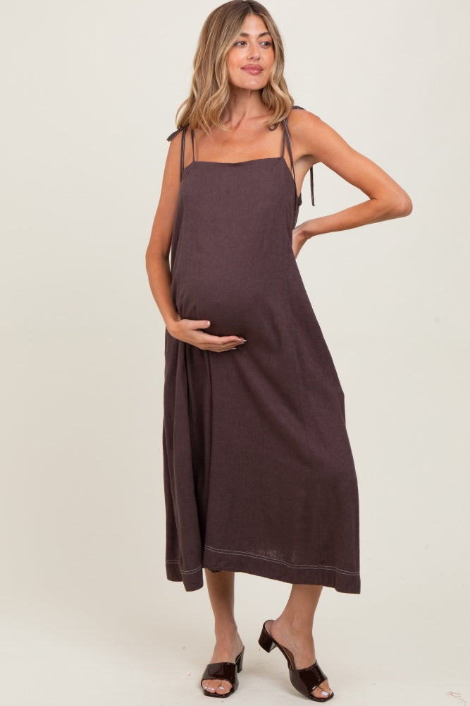 Brown Shoulder Tie Maternity Midi Dress