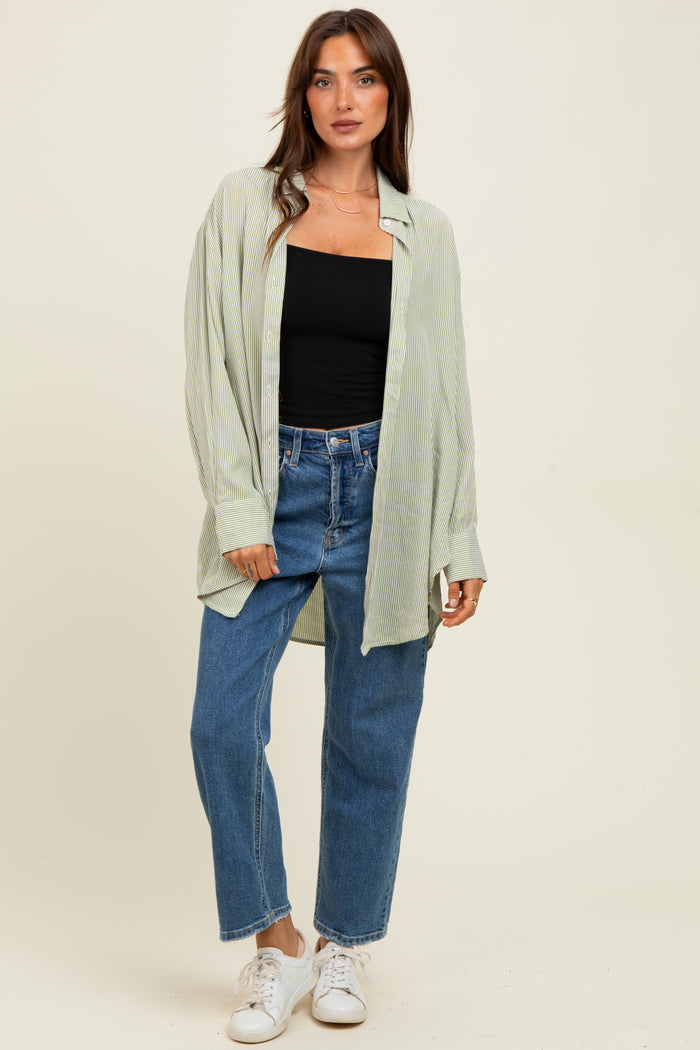 Light Olive Striped Oversized Maternity Button Down Shirt