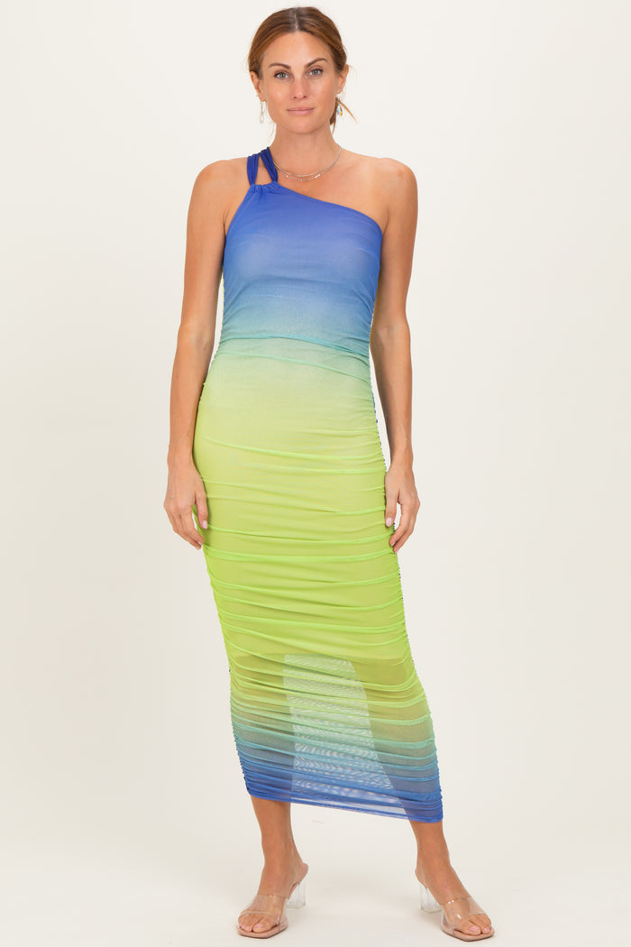 Lime Ombre Mesh One Shoulder Maternity Midi Dress