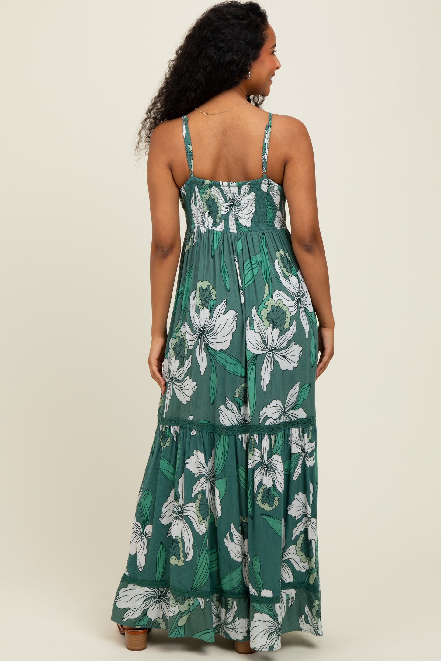 Green Floral V-Neck Smocked Lace Trim Maxi Dress