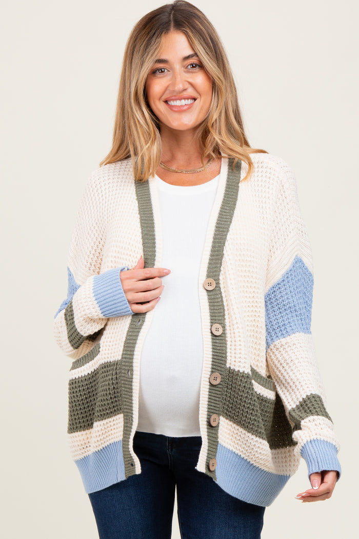 Cream Chunky Knit Colorblock Button-Up Maternity Cardigan