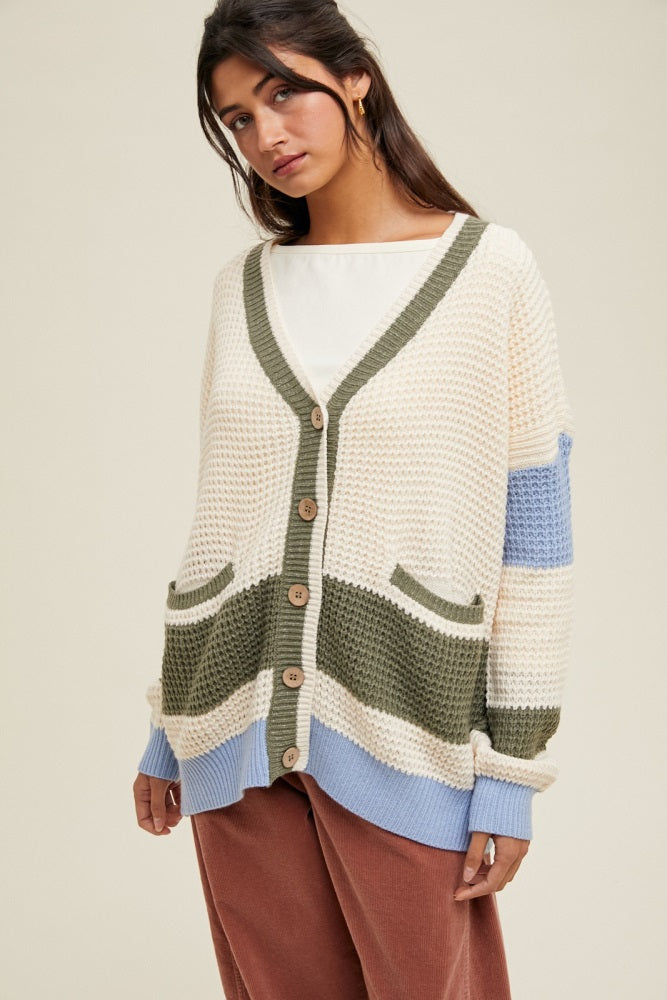 Cream Chunky Knit Colorblock Button-Up Cardigan