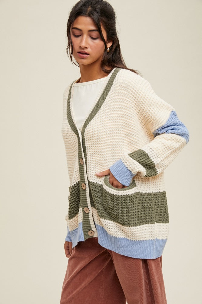 Cream Chunky Knit Colorblock Button-Up Cardigan