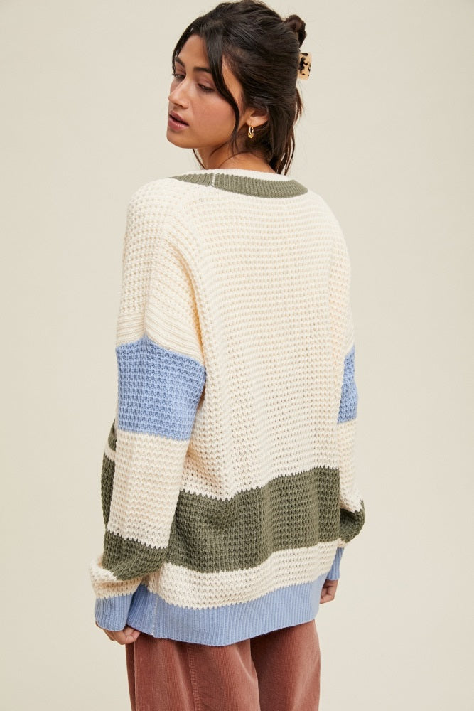 Cream Chunky Knit Colorblock Button-Up Cardigan