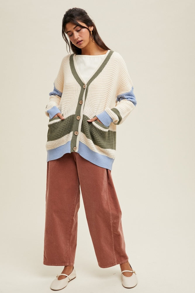 Cream Chunky Knit Colorblock Button-Up Cardigan