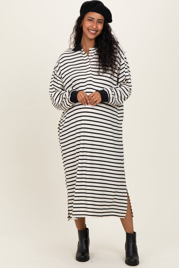 Black Stripe Snap Button Long Sleeve Maternity Midi Dress