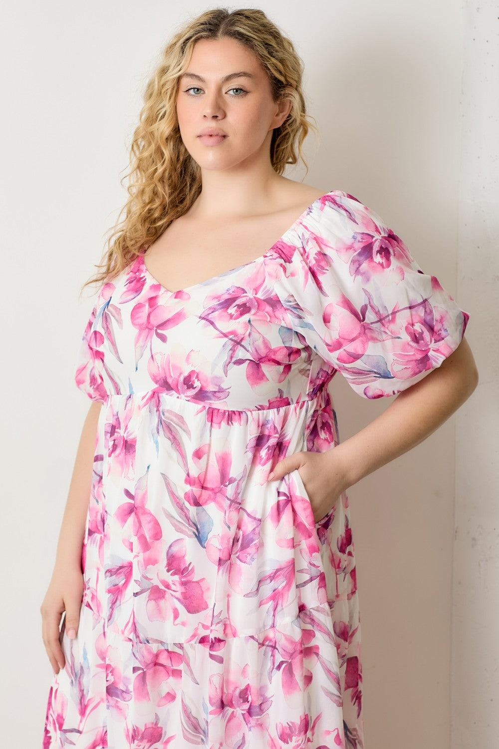 Pink Floral Chiffon Puff Sleeve Plus Midi Dress