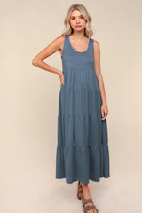 Navy Blue Solid Tiered French Terry Maternity Maxi Dress
