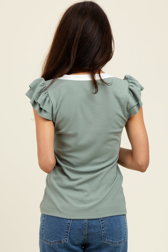 Sage/ Ivory Solid Ribbed Ruffle Sleeve Fitted Top