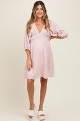 Mauve Striped Balloon Sleeve V-Neck Maternity Dress