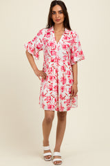 Red Floral V-Neck Crochet Trim Dress