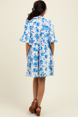 Blue Floral V-Neck Crochet Trim Dress