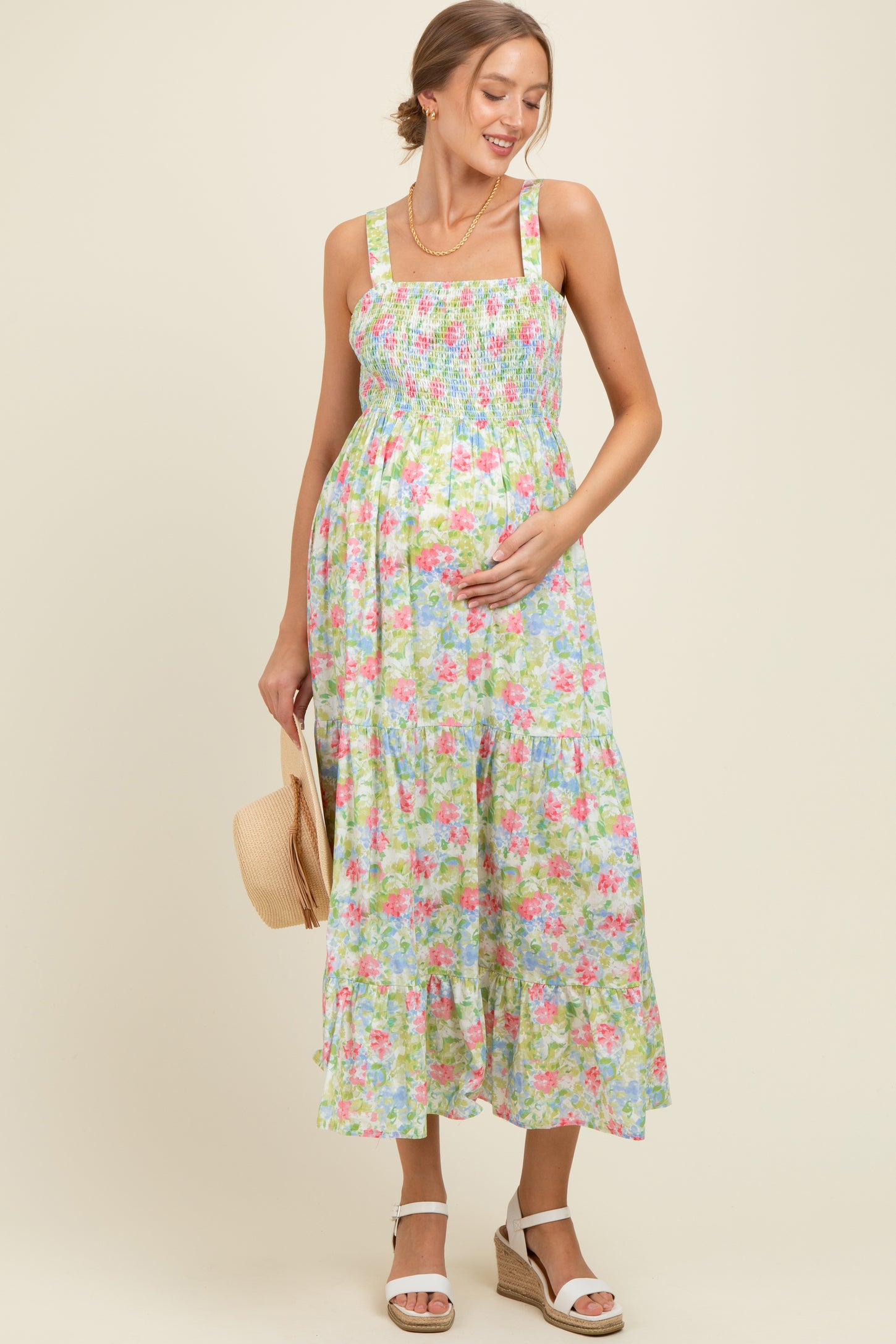 Multi Color Smocked Cotton Floral Sleeveless Maternity Maxi Dress
