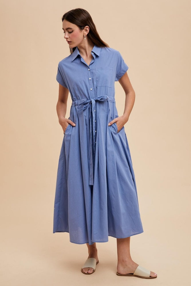 Blue Button Down Shirt Maternity Maxi Dress