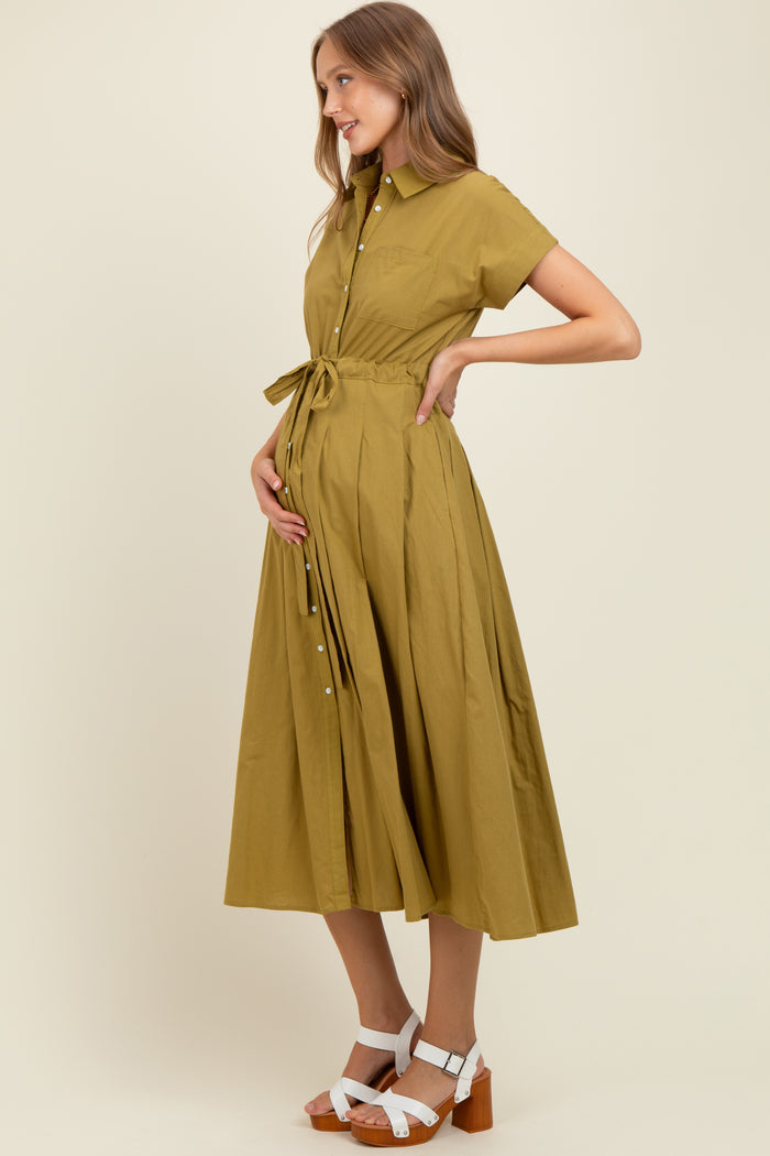 Olive Button Down Shirt Maternity Maxi Dress
