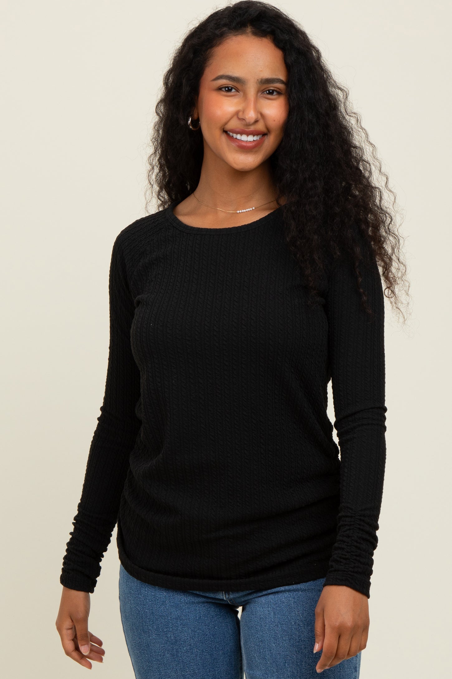 Black Solid Ribbed Ruched Long Sleeve Maternity Top
