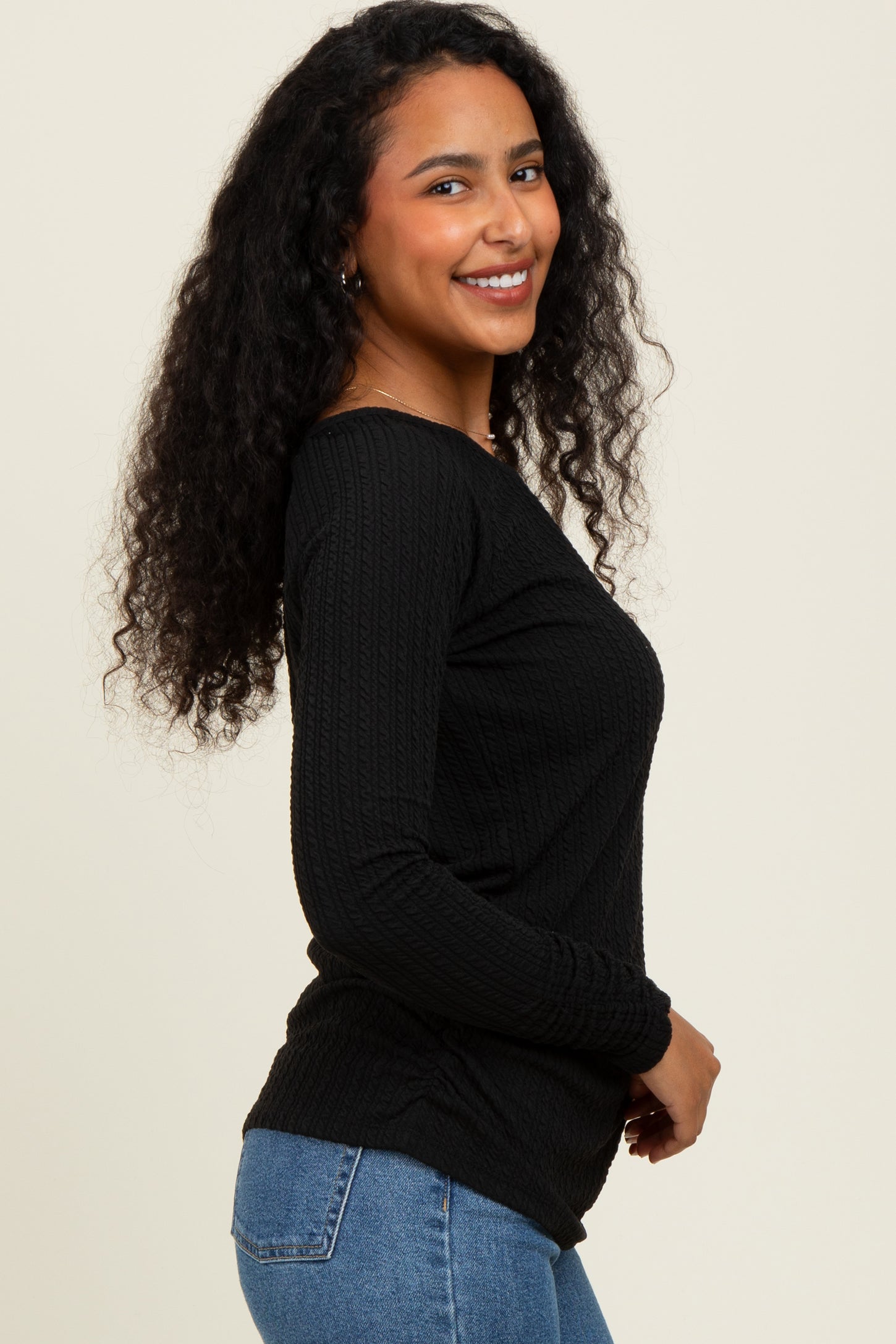 Black Solid Ribbed Ruched Long Sleeve Top
