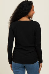 Black Solid Ribbed Ruched Long Sleeve Top