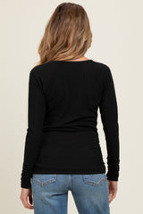 Black Solid Ribbed Ruched Long Sleeve Maternity Top