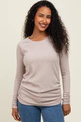 Mocha Solid Ribbed Ruched Long Sleeve Top