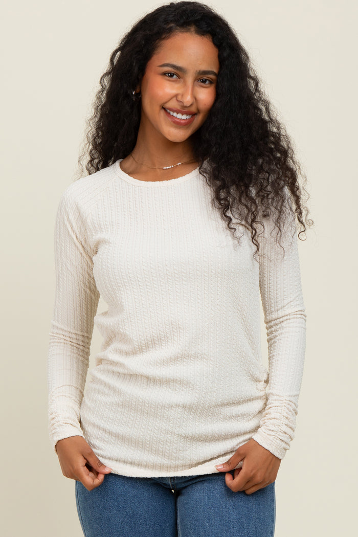 Ivory Solid Ribbed Ruched Long Sleeve Maternity Top