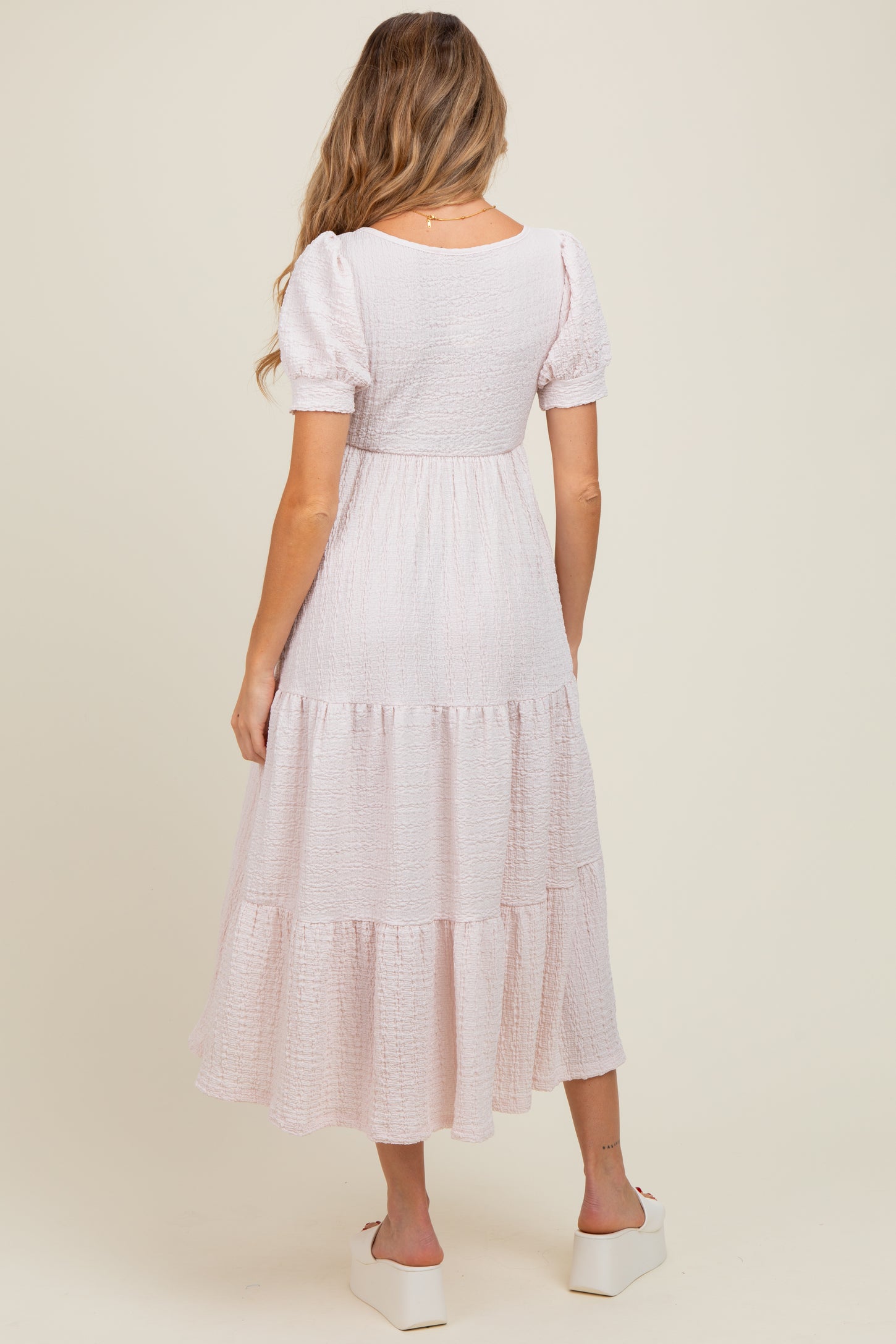 Light Pink Solid Textured Tiered Shirt Sleeve Maternity Maxi Dress