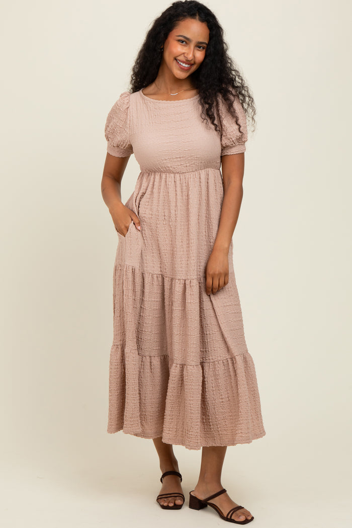 Mocha Solid Textured Tiered Shirt Sleeve Maternity Maxi Dress