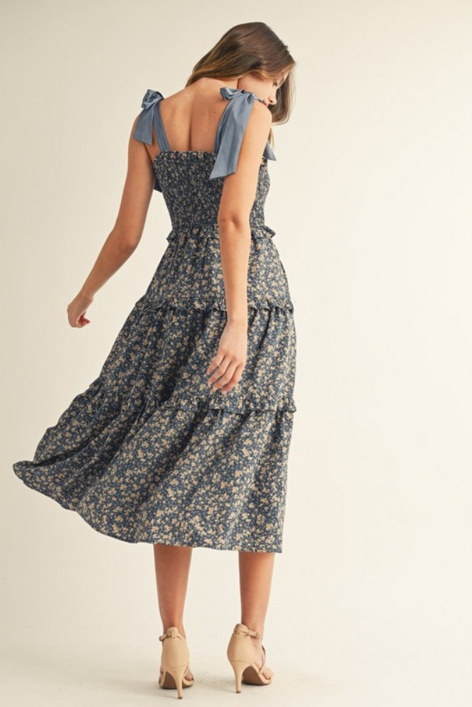 Navy Tie Shoulder Detail Floral Midi Dress