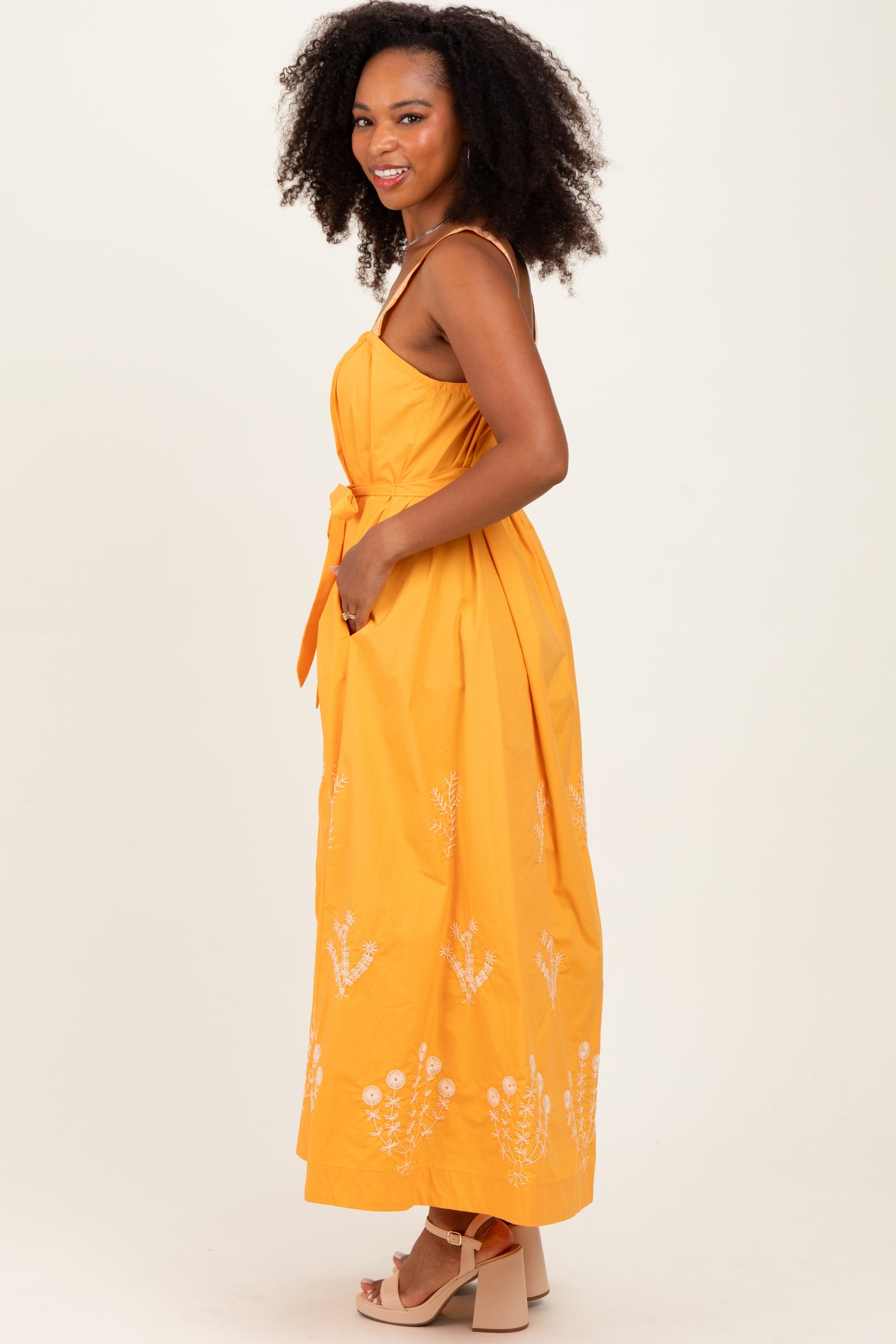 Orange Embroidered Sleeveless Sash Tie Maxi Dress