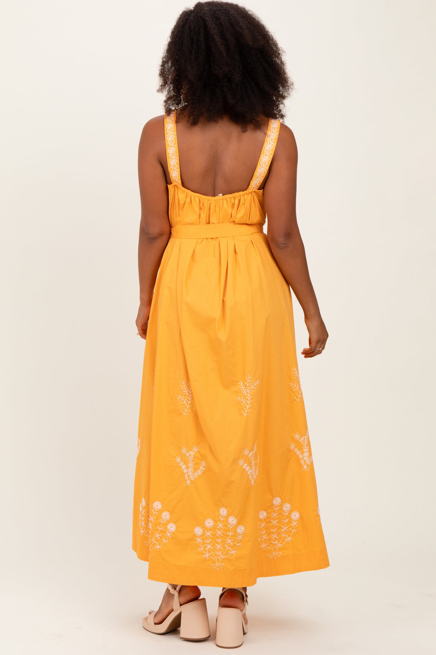 Orange Embroidered Sleeveless Sash Tie Maxi Dress