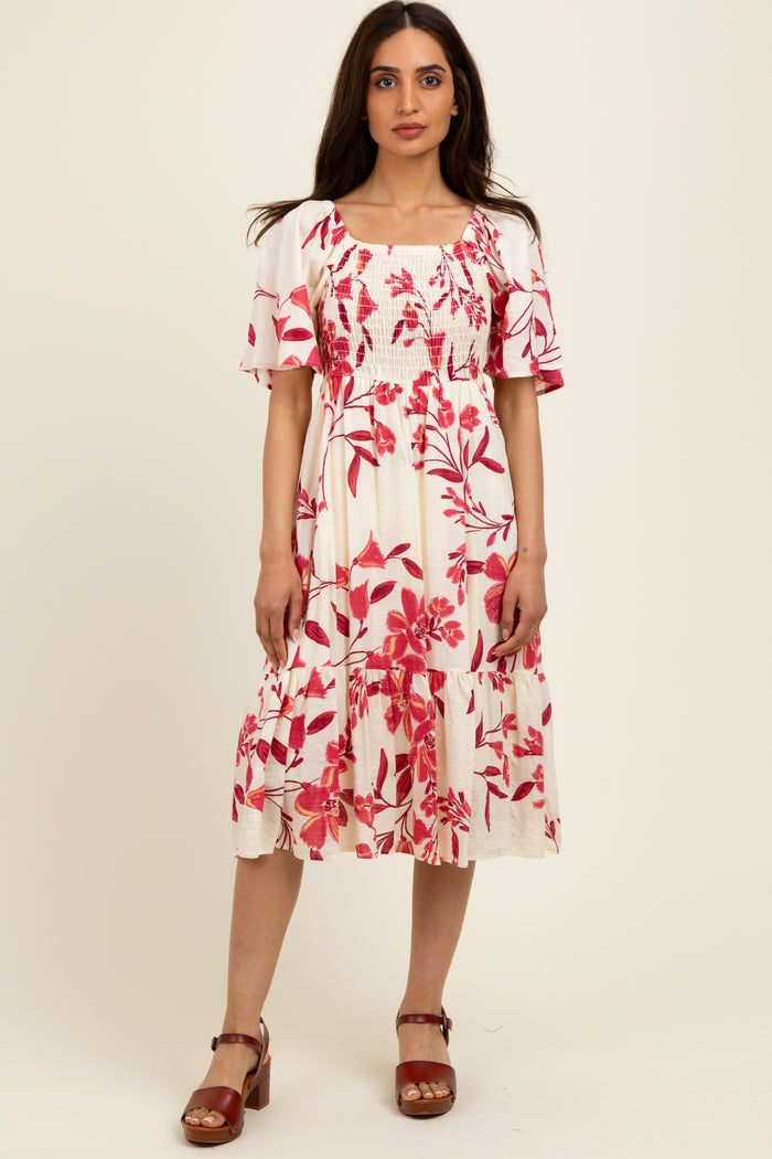 Fuchsia Floral Smocked Flutter Sleeve Maternity Midi Dress