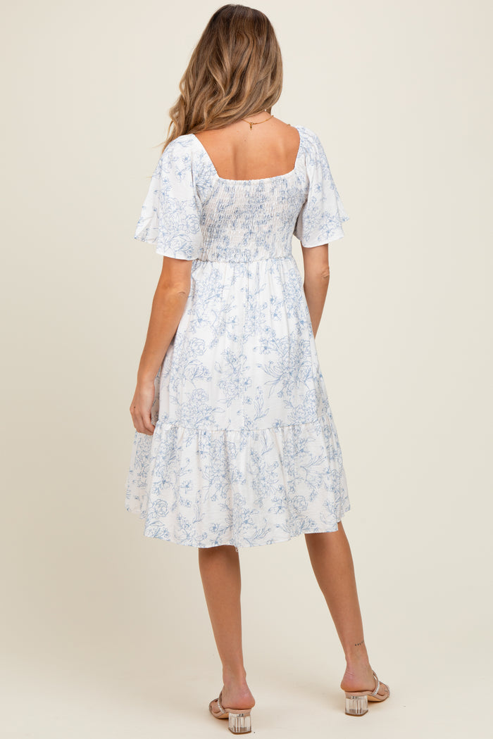 Cream Floral Smocked Flutter Sleeve Maternity Midi Dress