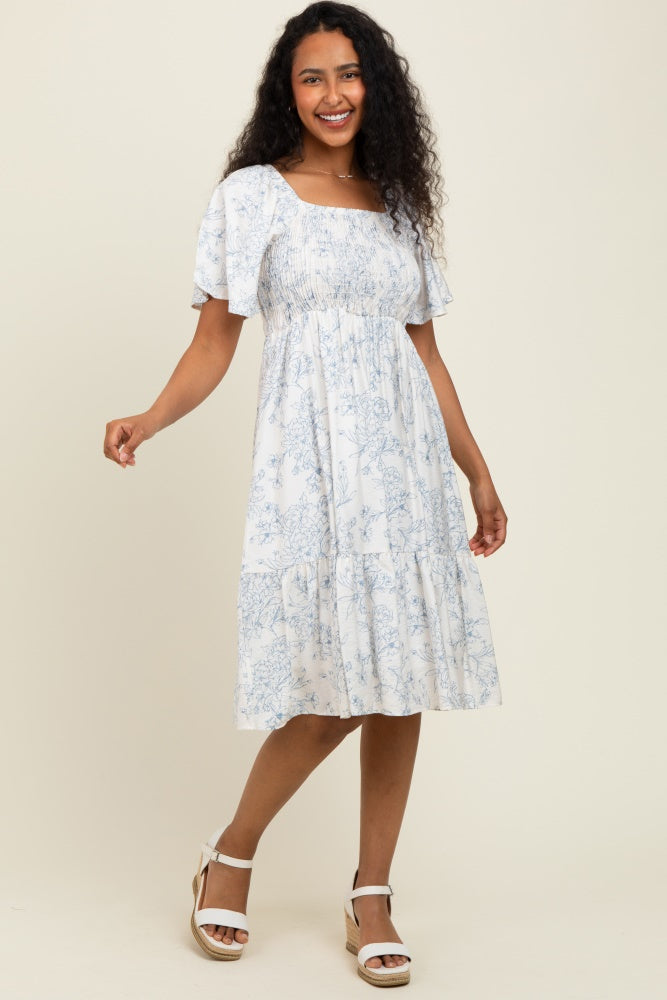 Cream Floral Smocked Flutter Sleeve Midi Dress