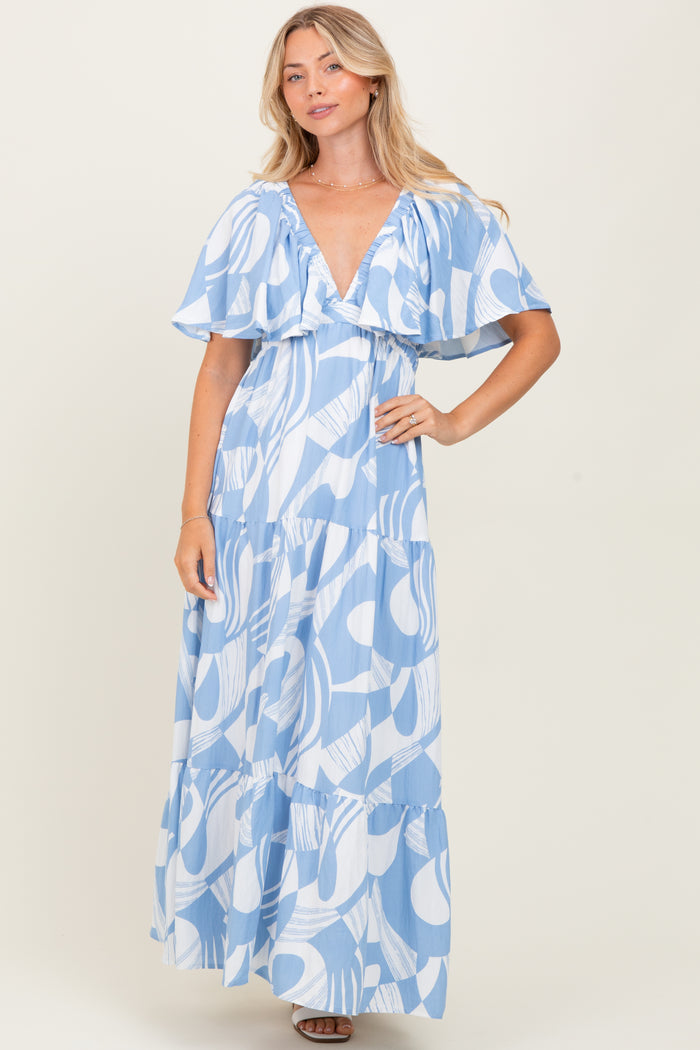 Blue Sleeveless Smocked Back Printed Maternity Maxi Dress