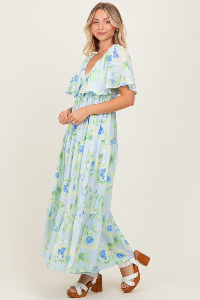 Sky Blue Floral Print Maxi Dress