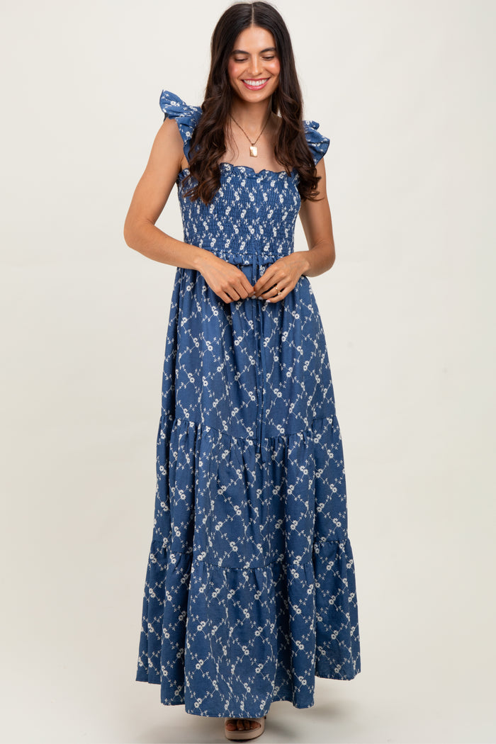 Denim Off White Floral Embroidered Tiered Maxi Dress