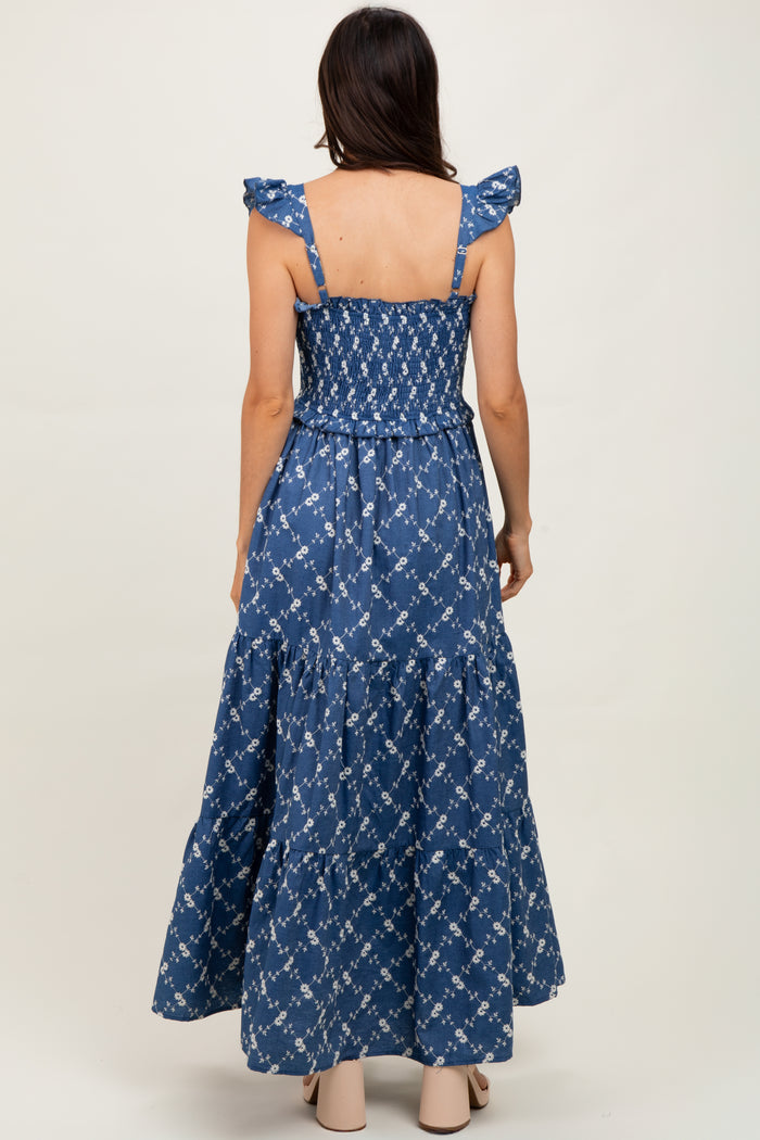 Denim Off White Floral Embroidered Tiered Maxi Dress